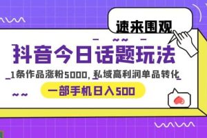 抖音今日話題玩法，1條作品漲粉5000，私域高利潤單品轉化 一部手機日入500