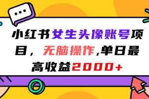小紅書女生頭像賬號項目，無腦操作，單日最高收益2000