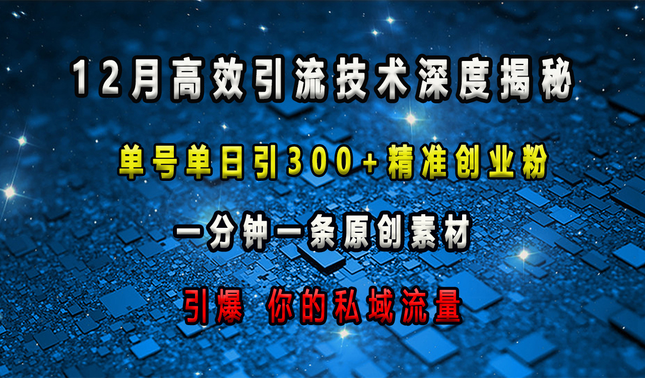 12月高效引流技術深度揭秘 ，單號單日引300+精準創(chuàng)業(yè)粉，一分鐘一條原創(chuàng)素材，引爆你的私域流量