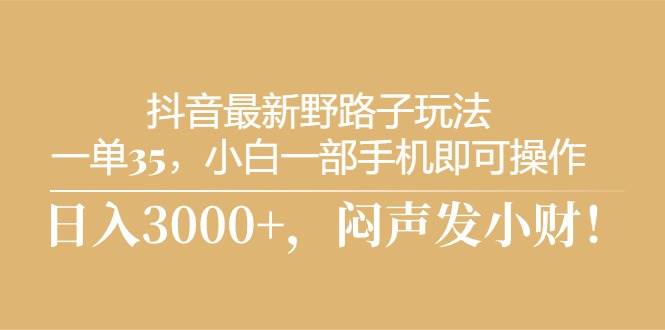 抖音最新野路子玩法，一單35，小白一部手機即可操作，，日入3000+，悶…