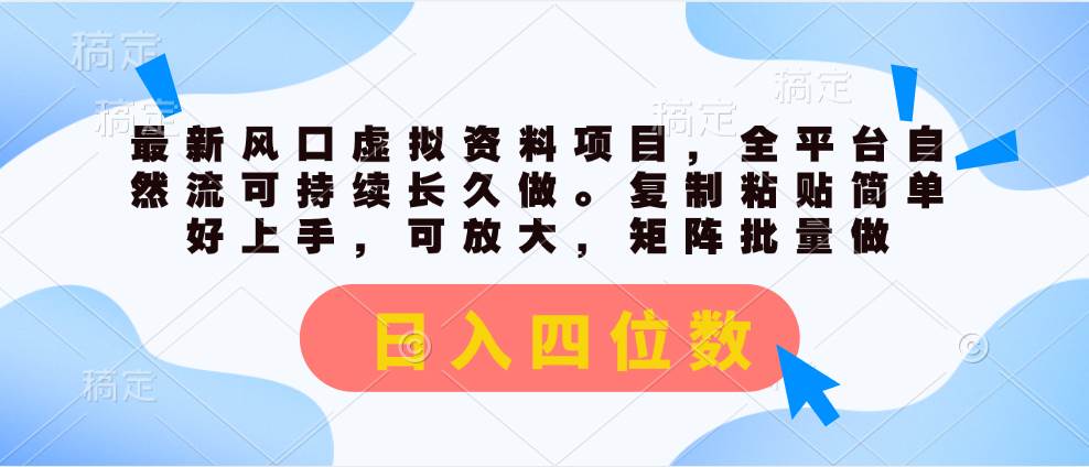 最新風口虛擬資料項目，全平臺自然流可持續長久做。復制粘貼 日入四位數