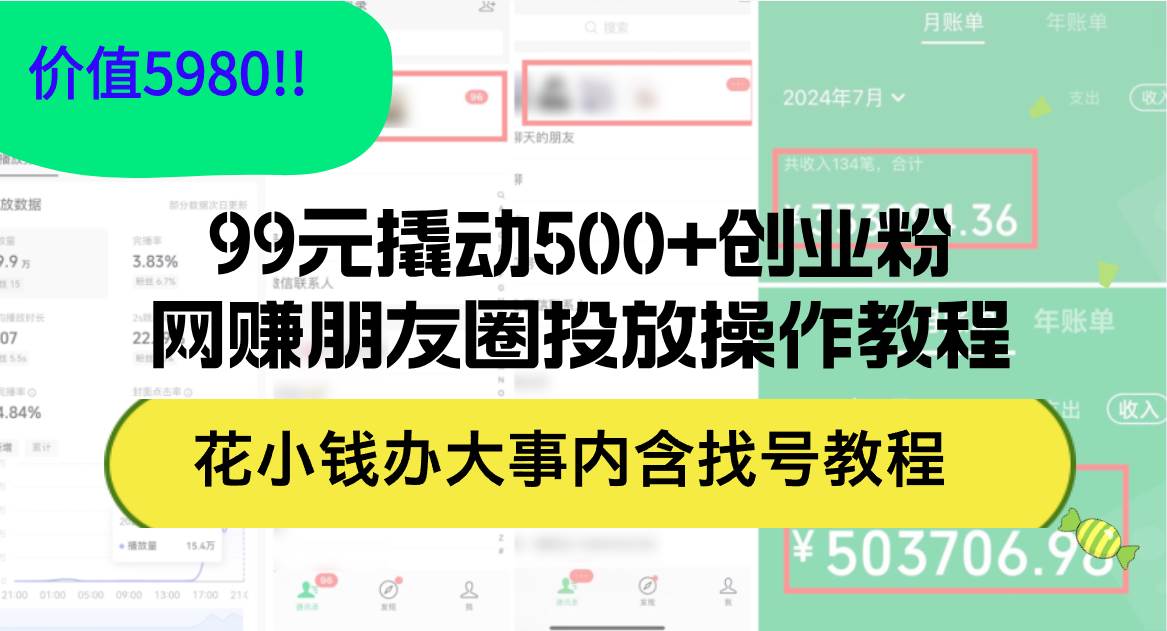 99元撬動500+創業粉，網賺朋友圈投放操作教程價值5980！花小錢辦大事內…